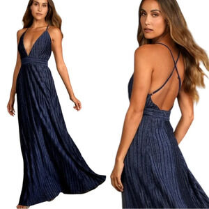 Lulus Magical Looks Navy Blue Sparkly Pleated Maxi Plunge Neck Dress Size S